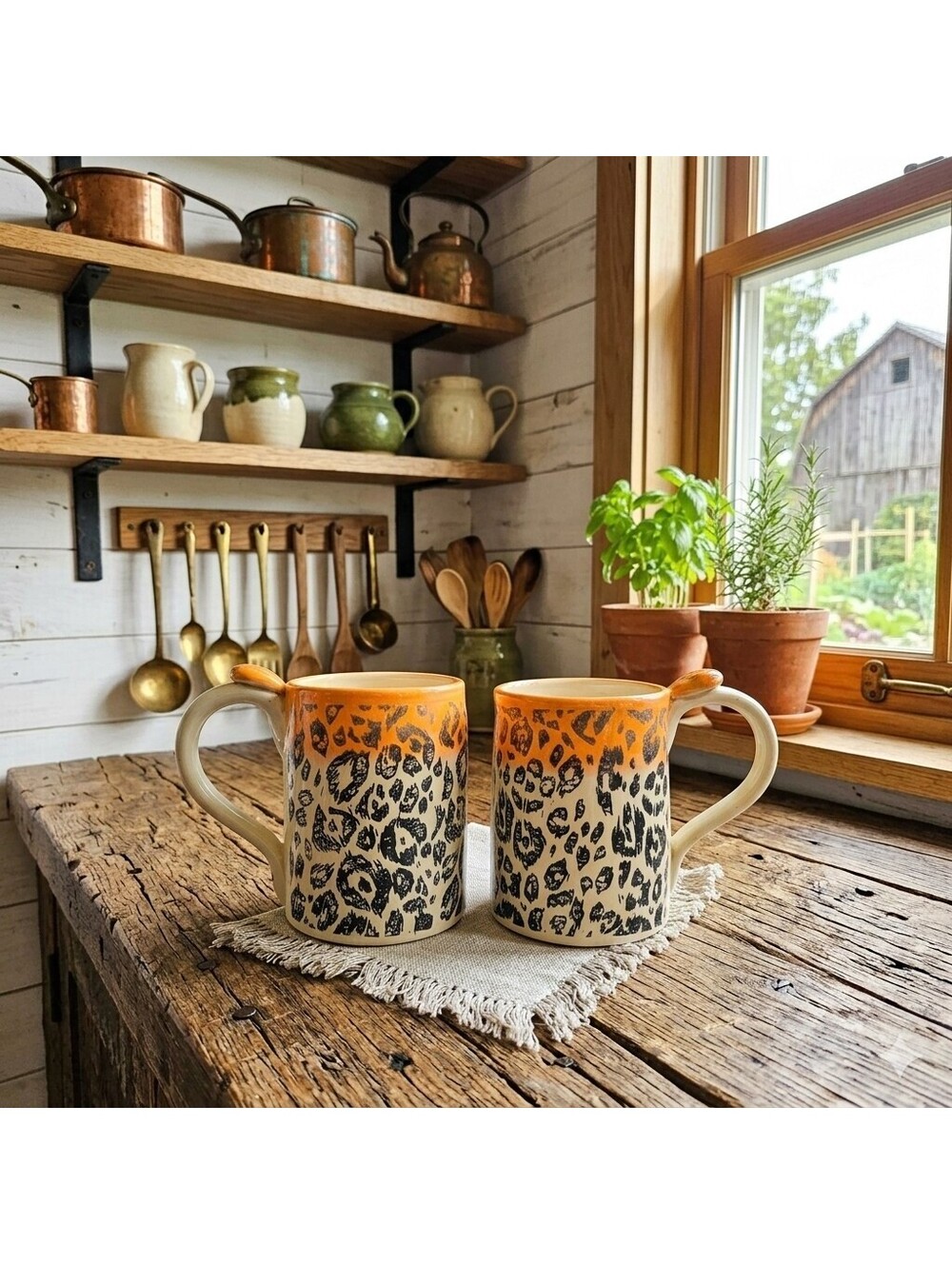 Cheetah Spot Mug Signed Leia-Rae Belcourt Dog Patch Pottery Retired Set Of 2